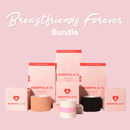 boobyful aid breastfriends forever bundle with clear boob tape, black boob tape and nude boob tape and nipple covers in triangle shape